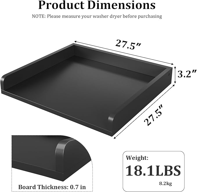 Washer Dryer Countertop, Countertop for Washer Dryer with Non-Slip Mat, Easy to Clean, Washer Dryer Wooden Countertop for Organization, 27.5″W x 27.5″D x 3.2″H Laundry Countertop(Black)