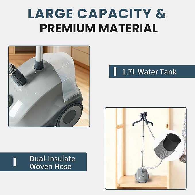 DUMOS Garment Steamer for Clothes Standing, 1500W Efficient Clothes Steamer Standing, 1.7L Water Tank for 55 Min Continuous Steaming with Wheels, Professional Fast Heating Wrinkle Remover