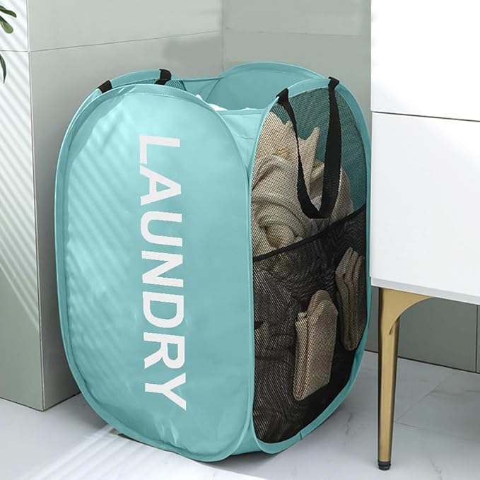 Larpur Pop Up Laundry Baskets, 2 Pack Mesh Laundry Hampers Collapsible Clothes Hampers for Home, Dorm, Travel (Gray + Blue)