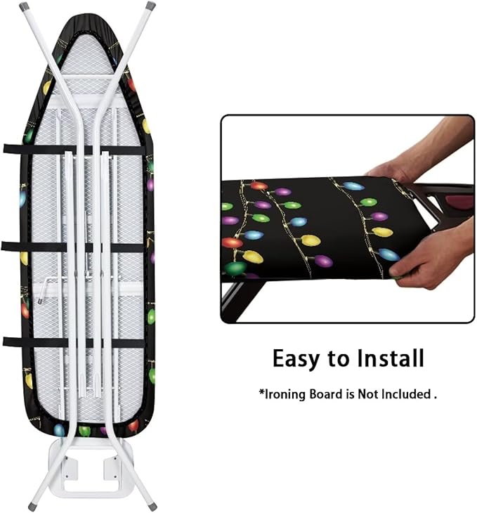Christmas Colorful Lights Standard Size Iron Pad Covers Tolerates High Temperature Anti-Dirty Durable Ironing Board Replacement Cover with Hook and Loop Fastener Strap