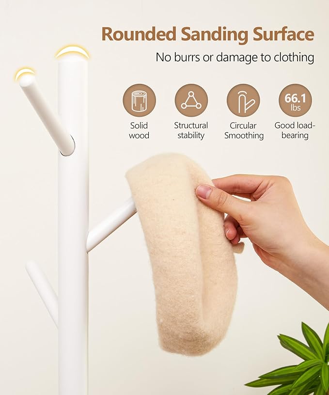 Standing Coat Rack,Wooden Coat Rack Stand with 9 Hooks and 3 Height Adjustable,Beech Wood Tree Coat for Bedroom,Office,Entryway (White)