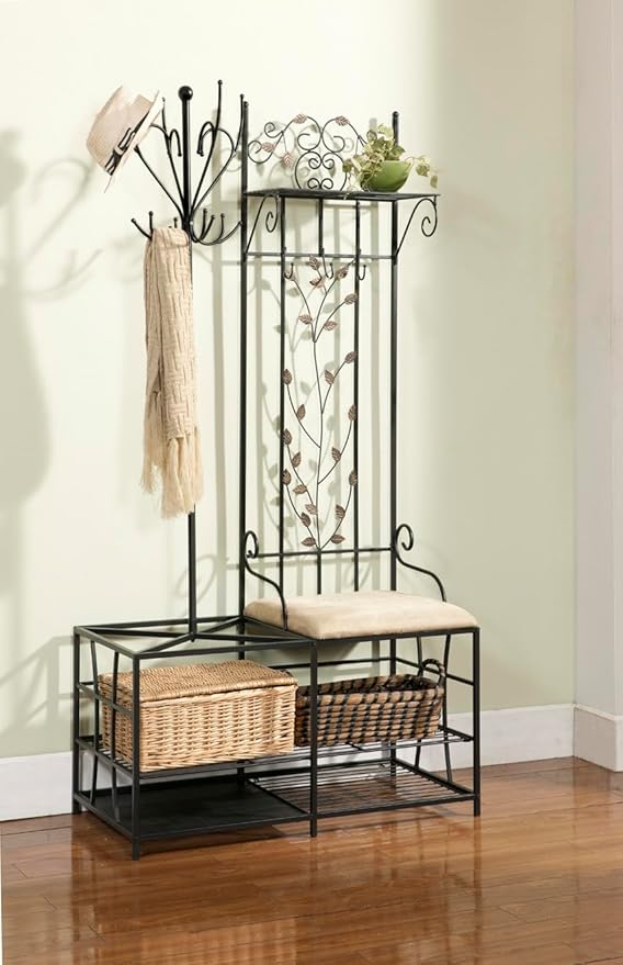KB Designs - Metal Hall Tree Coat Rack with Shoe Storage Bench, Black