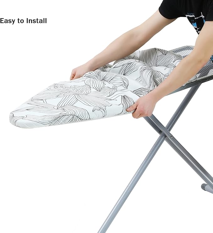 Ironing Board Cover and Pad Standard Size 15" x 54",3 Pairs of Hook and Loop Fastener Straps,Elastic Edges,Cotton Iron Board Cover with Scorch Resistant Thick Padding(Line Flower)