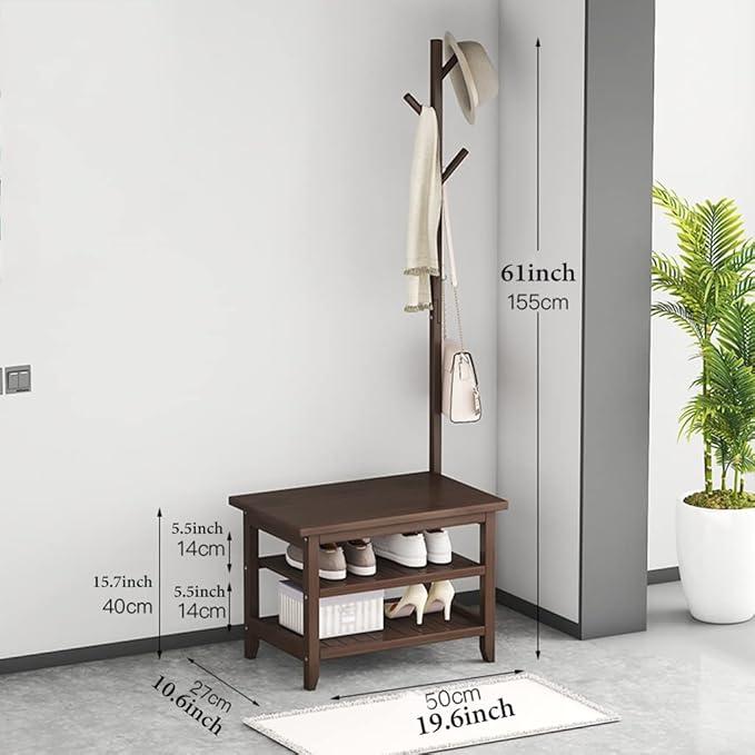 GIZNXBA Coat Rack Shoe Bench, Coat Rack Stand Wood, Hall Tree with Shoe Storage, 3-Tier Shoe Bench with 3 Hooks, Industrial Hall Tree for Hallway, Bedroom, Entryway (Size : 50cm)