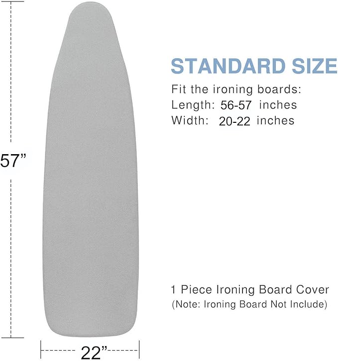 Extra Large Ironing Board Cover and Pad 22x57, 21x57 Thick Padding, Elastic Edge, Silicone Coated, Resist Scorching, Adjustable Fastener, Heavy Duty Padded Iron Board Covers (Grey)