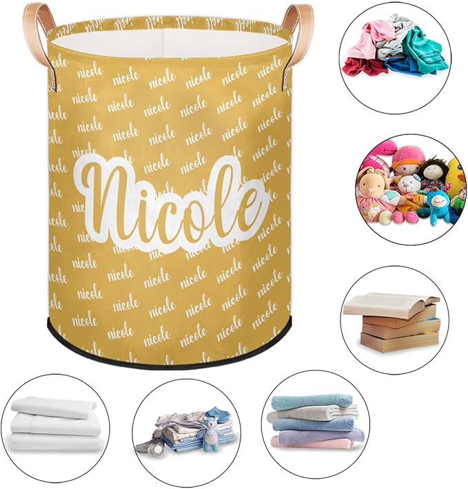 Custom Name Laundry-Hamper, Personalized Yellow Kids-Clothes-Hamper Foldable with Name, Customized Storage Basket with Handles Waterproof Gift for Boys Girls Baby Women