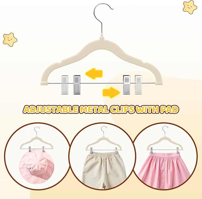 Flottian 24-Pack Baby and Kids Velvet Hangers with Clips, Non Slip and Space-Saving Kids Pants Hangers for Baby/Toddler Pants, Skirts, Coats, Beige
