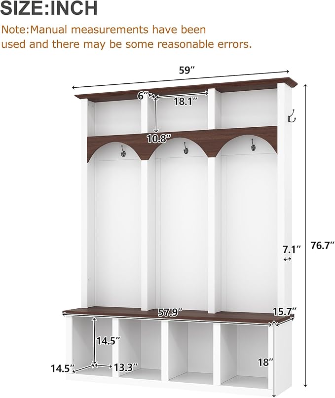 Farmhouse 59" Wide Hall Tree with 5 Black Hooks and Arched Design, Wood Grain Bench with Open Compartments, 4-in-1 Hallway Shoe Cabinet for Mudroom, Living Room (White-9.9)