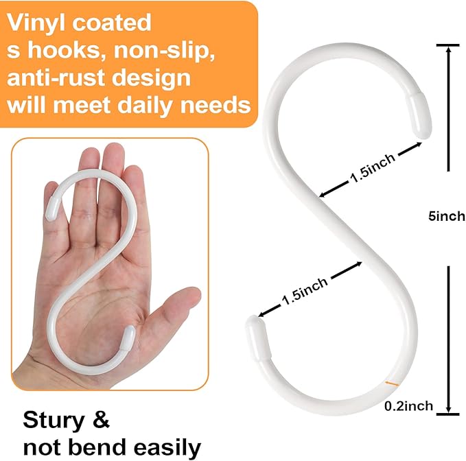 HiGift 24 Pack 5 Inch White S Hooks for Hanging Plants, Large Vinyl Coated, Non Slip Heavy Duty, Metal Rubber Coated Closet S Hooks