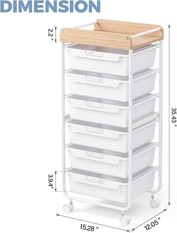 APEXCHASER 6-Drawer Plastic Organizers on Wheels,Rolling Storage Cart with Wooden Top, Mobile Drawer Unit for Classroom, Crafts, Art Supplies, and Home Organization,White
