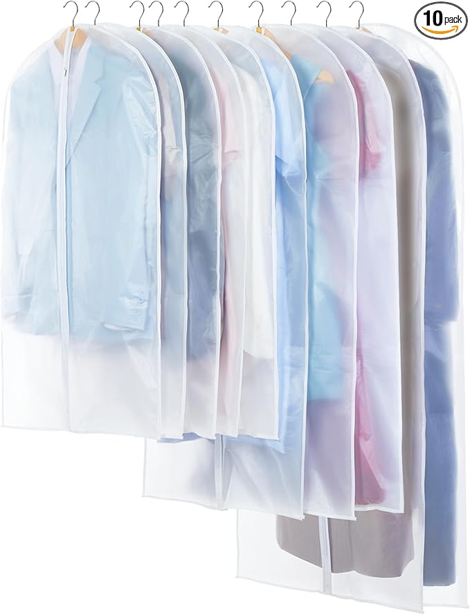 Translucent Garment Bags for Hanging Clothes - Frosted Clothes Storage Bags for Suits, Dresses, Closet Storage - 10 Pack