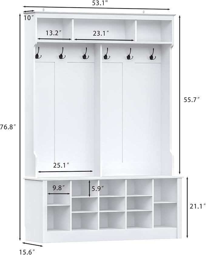 Hall Tree with Bench and Shoe Storage, 53" Farmhouse 4-in-1 Mudroom Storage Organizer with Coat Rack, 6 Hooks, 12 Shoe Cubbies, Adjustable Shelf, for Entryway, Hallway, Living Room, White