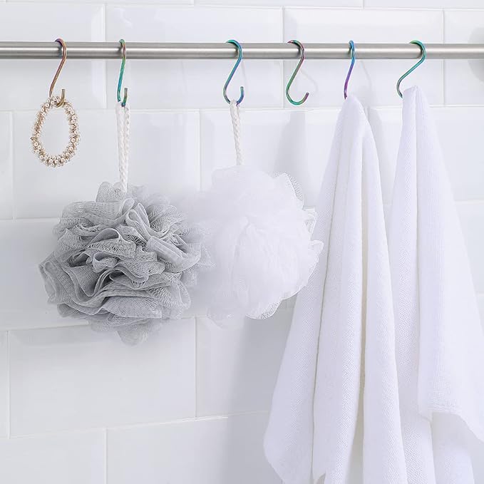 Evanda Rainbow S Hooks for Hanging Pack of 30, Heavy Duty Stainless Steel Titainium Plating Metal Mutil Purpose Hanger for Kitchen Pans, Pots, Utensils Tooks, Cups, Mugs, Clothes, Bags, Towels, Plants