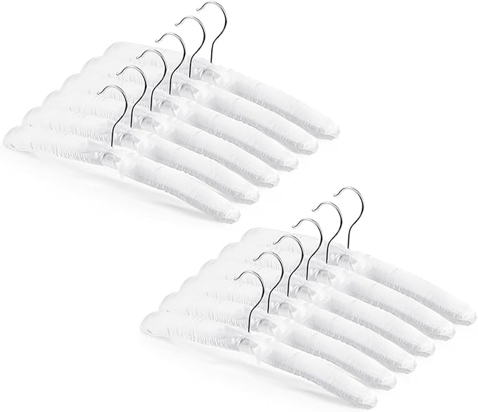 Jetec 12 Pieces Satin Padded Hangers for Women Clothing 15 Inch Satin Hangers 360° Swiveling Hook Sponge Shoulder Padded Hanger for Sweaters, Coat, Blouse, Wedding Dress, Women Cloths (White)