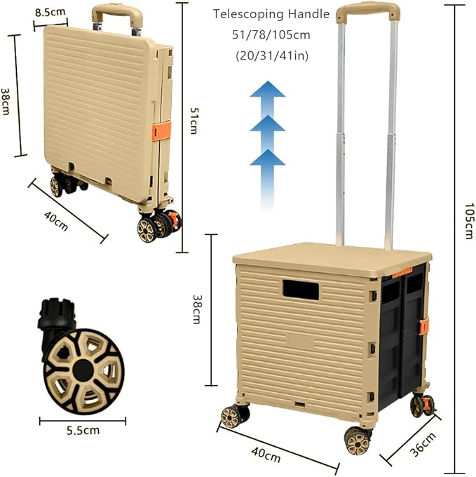 FELICON SELORSS Foldable Utility Cart Folding Portable Rolling Crate Handcart with Durable Heavy Duty Plastic Telescoping Handle Collapsible 4 Rotate Wheels for Travel Shop Move Luggage Office(Khaki