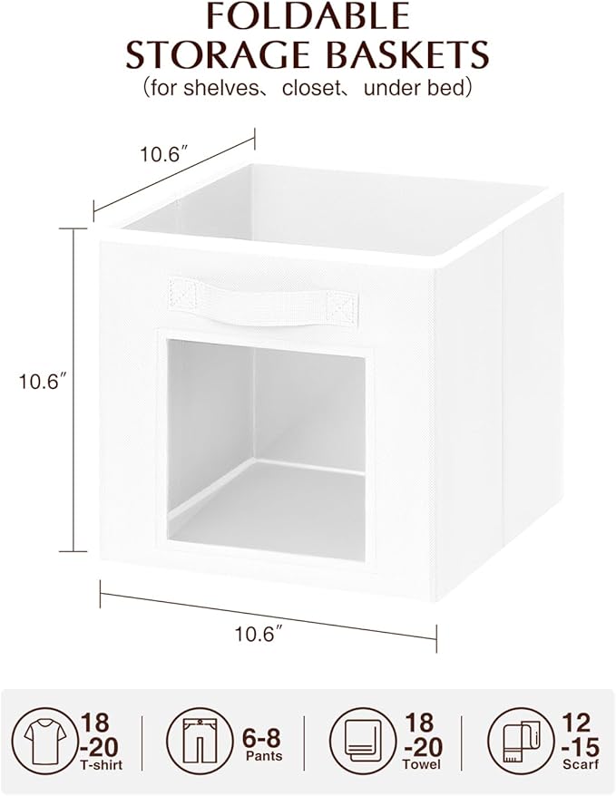Storage Cube 11 Inch - Cube Storage Bins with Window, Closet Storage Baskets with Handle, Fabric Bins for Closet, Shelves, Toys, Clothes, Set of 12, White