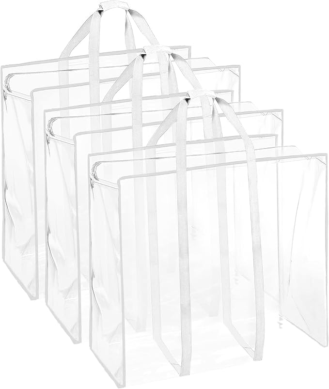 ProPik Clear Storage Bag Gift Wrap Clothes Organizer Big Zippered Christmas Decorations Storage Vinyl Bag for Under Bed Moving Bedding Linen Pillow Blanket Cloth Bag Reinforced Handles (White, 3)