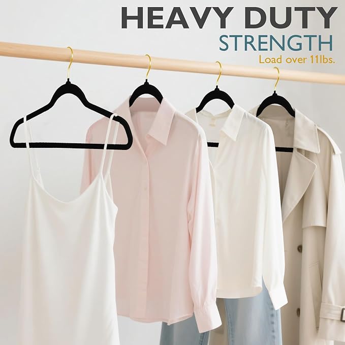ManGotree Velvet Coat Hangers with 360° Swivel Gold Hook, Non-Slip Felt Suit Hangers, Slim Space Saving Clothes Hanger for Jacket, Sweater, Shirt, Dress, Pants (48 Pack, Black)