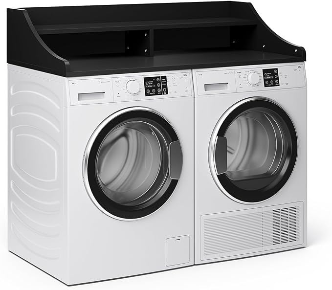 2-Tier Washer Dryer Topper,54" x 27.6" Washer Dryer Countertop with Non-Slip Mat, Laundry Room Organizer with Storage Shelf for Folding & Sorting Clothes, Black