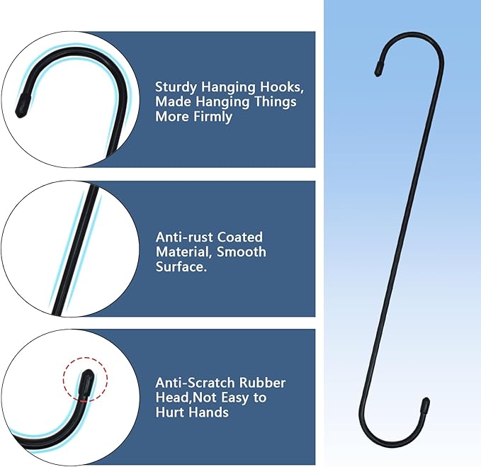 6 Pack 12 Inch Extra Large S Hooks for Hanging Plants, Black Heavy Duty Long Plant Hook for Hanging Baskets Outdoor Plant Hangers Extension Hooks for Bird Feeders,Kitchenware,Pergola