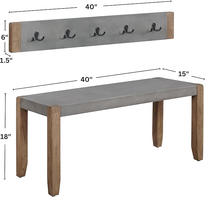 Alaterre Furniture Newport 40" Coat Hook and Faux Concrete Bench Set