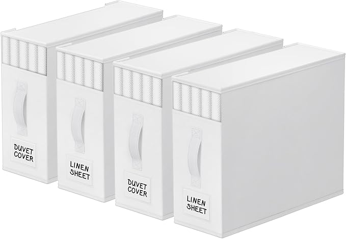 4 Pack Bed Sheet Closet Organizers and Storage,Sturdy Foldable Storage Containers with Window and Label,Storage and Organization for Bedding Sheets,Duvet Covers,Blankets (White)