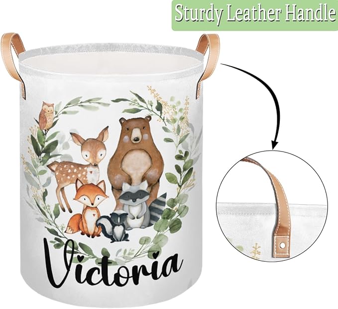 Personalized Laundry Basket, Custom Gift Laundry Hamper, Collapsible Nursery Waterproof Laundry Baskets, Dirty Clothes Toy Hamper with Handles Woodland Greenery Animals