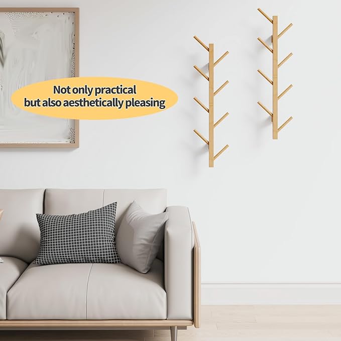 Coat Rack Wall Mount,Bamboo Vertical Hat Rack for Wall,Wall Coat Tree,Coat Hanger,Floating Coat Rack for Hats,Jackets,Bags,Entryway Bedroom (Natural)