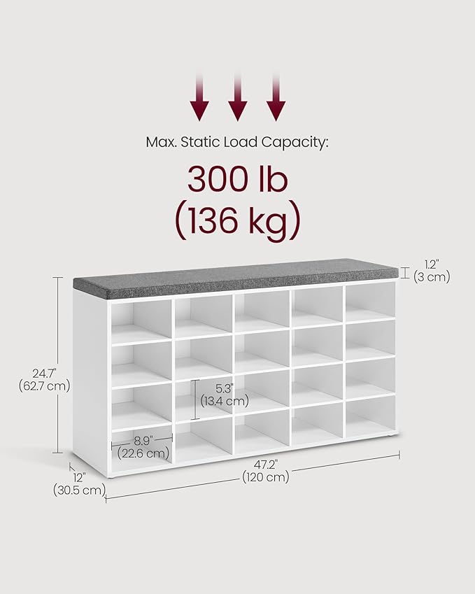 VASAGLE Custos Collection - Shoe Bench, Storage Bench with Padded Seat, Entryway Bench with 20 Compartments, for Bedroom, 12 x 47.2 x 24.7 Inches, Cloud White and Dove Gray