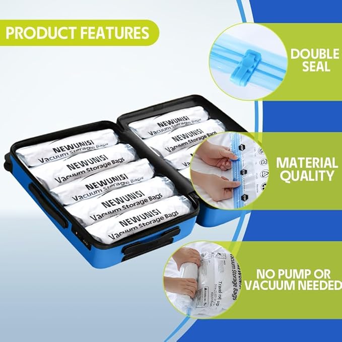 12 Pack Compression Bags for Travel, Roll Up Reusable Travel Space Saver Vacuum Storage Bags for Luggage, Camping, and Storage (No Vacuum or Pump Needed).