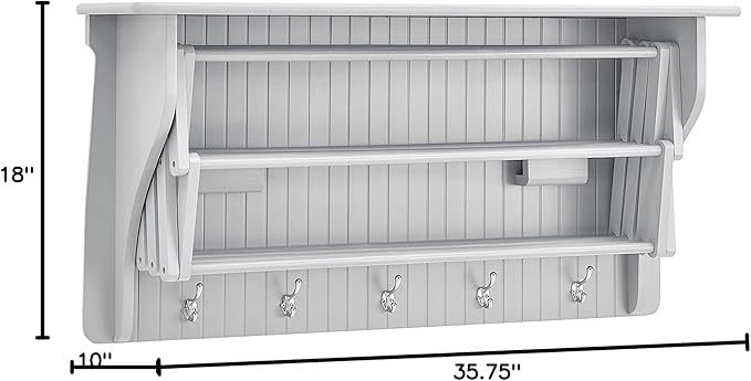 Danya B Accordion Clothes Drying Rack, Retractable, Wall Mounted Towel Rack and Hooks for Clothes and Towels for use in Laundry Room or Garage (White)