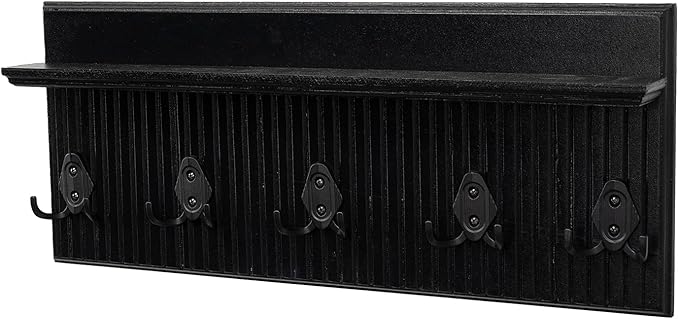 Rustic Wall Mounted Coat Rack with Shelf Wooden Entryway Organizer with 5 Metal Hooks for Coats Hats Towels Keys Floating Storage Shelf for Bathroom Bedroom (Black, 32 inch Striped (4 Hooks))