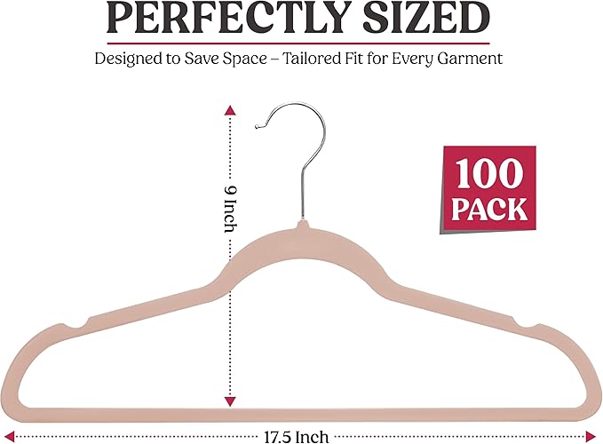 LDC Pink Velvet Hangers 100 Pack - Premium Non-Slip Clothes Coat Pants Felt Hanger for Closet - Heavy Duty Space Saving 360° Swivel Hook Hangars – Pink