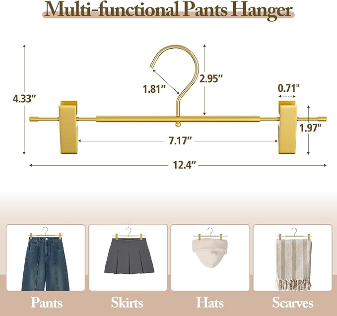 Matte Gold Aluminum Pants Hangers 10 Pack, Lightweight Skirt Hangers with 360°Swivel Hooks and Non-Slip Adjustable Clips for Trousers, Skirts, Jeans, Kids & Adults, Durable, Space-Saving