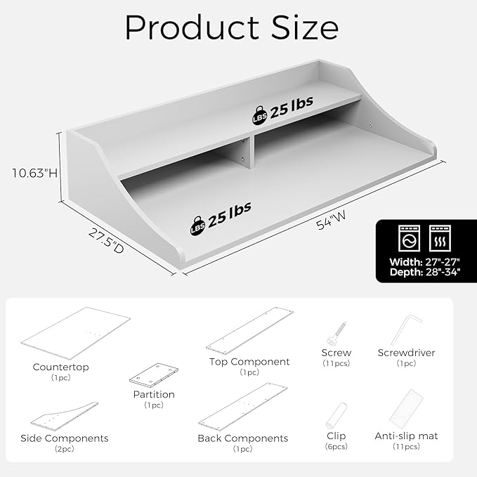 2-Tier Washer Dryer Topper, 54" x 27.6" Washer Dryer Countertop with Non-Slip Mat, Laundry Room Organizer with Storage Shelf for Folding & Sorting Clothes,White