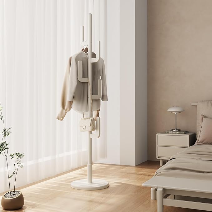 Solid Wood Cactus Coat Rack, Freestanding Coat Rack With 6 L-Shaped Hooks and 3 Adjustable Sizes, Coat Tree for Bedroom, Entryway, Livingroom, Coat Hanger Stand for Coats, Handbags (White)