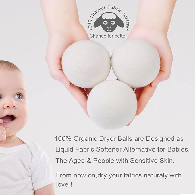 Wool Dryer Balls Organic XL 6-Pack, 100% New Zealand Wool Chemical Free Fabric Softener for 1000+ Loads, Baby Safe & Hypoallergenic, Fabrics Soft and Fluffy Naturally