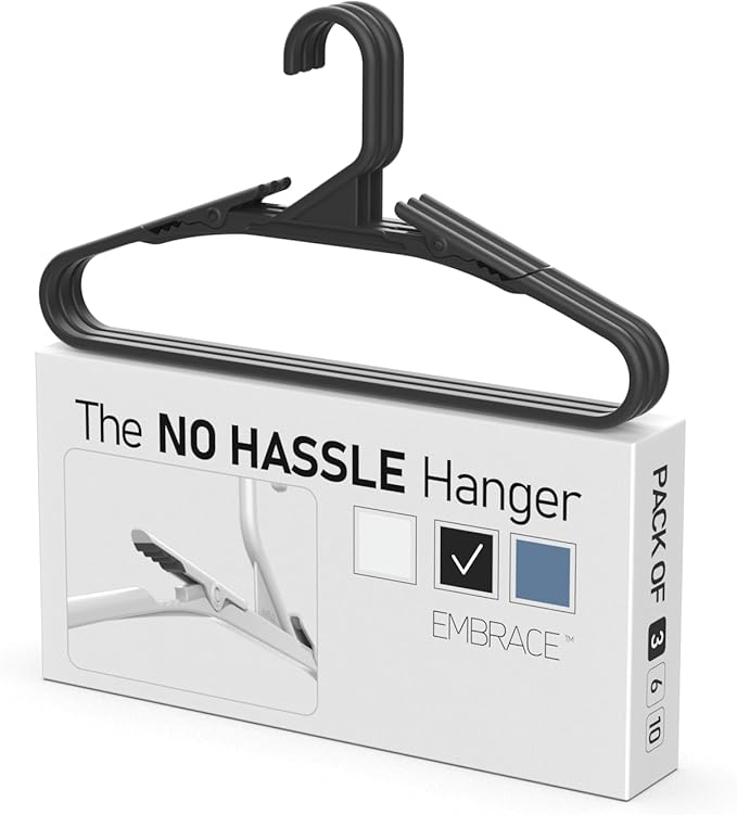 No Hassle-Hangers Best clothes hanger Ultra soft rubberized grip clip keeps garments in place and off the floor. Perfect for wide neck silks & satin tops, delicates, athletic wear. (3pk, Modern Black)