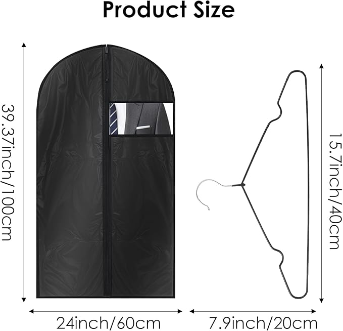 10pcs 40" Suit Cover Bags for Men Garment Bags for Hanging Clothes & 5pcs Coat Hanger Suit Bag for Closet Storage or Travel Clear Window Clothes Cover for Suits Coats Shirt Jackets Skirts
