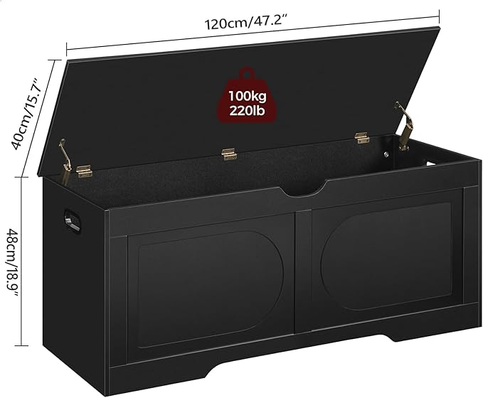 Storage Chest, 47.2” Toy Box, Entryway Storage Trunk, Shoe Bench with Storage, Engineered Wood Storage Cabinet with 2 Safety Hinges, Entrance Bench for Bedroom, Living Room, Black SCBK2201