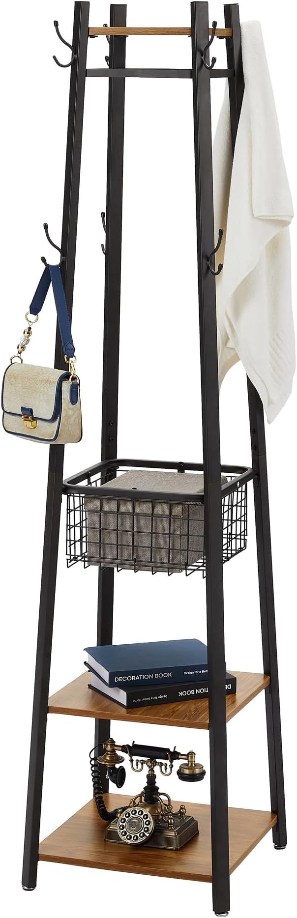 VECELO Coat Rack Freestanding,Hall Tree with Metal Basket and Storage Shelves,Industrial Coat Rack Stand with 8 Hooks for Hanging Coats/Hats/Bags/Umbrellas,18 x 18 x 72 In,Vintage Brown