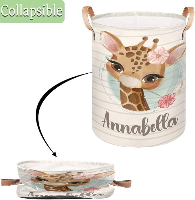 Personalized Laundry Basket, Custom Gift Laundry Hamper, Collapsible Nursery Waterproof Laundry Baskets, Dirty Clothes Toy Hamper with Handles Cute Griaffe
