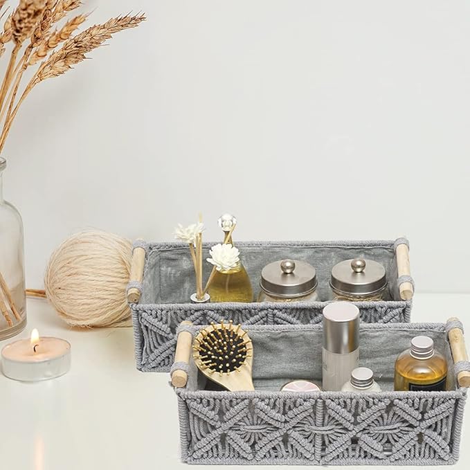 Macrame Storage Basket Boho Decor Baskets for Organizing Woven Decorative for Countertop Toilet Paper Basket for Tank Top for Home Decor Bedroom Nursery Livingroom Entryway (Set of 2,Grey)