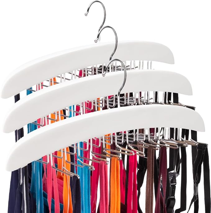 3 Pack Tank Top & Bra Hanger, Tie & Belt Hanger with Natural Wood, 24 Space Saving, 360 Rotating, Foldable Metal Hooks, Closet Organizer and Storage Rack for Tank Tops/Bras/Ties/Belt (White)