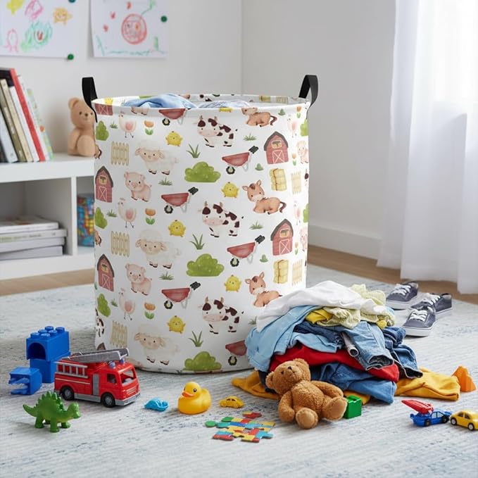 Baby Laundry Hamper kids laundry Basket Waterproof Storage Bin for Bedroom Toy Clothes Organizer Basket Woodland Animals Room Décor(Cute Farm)