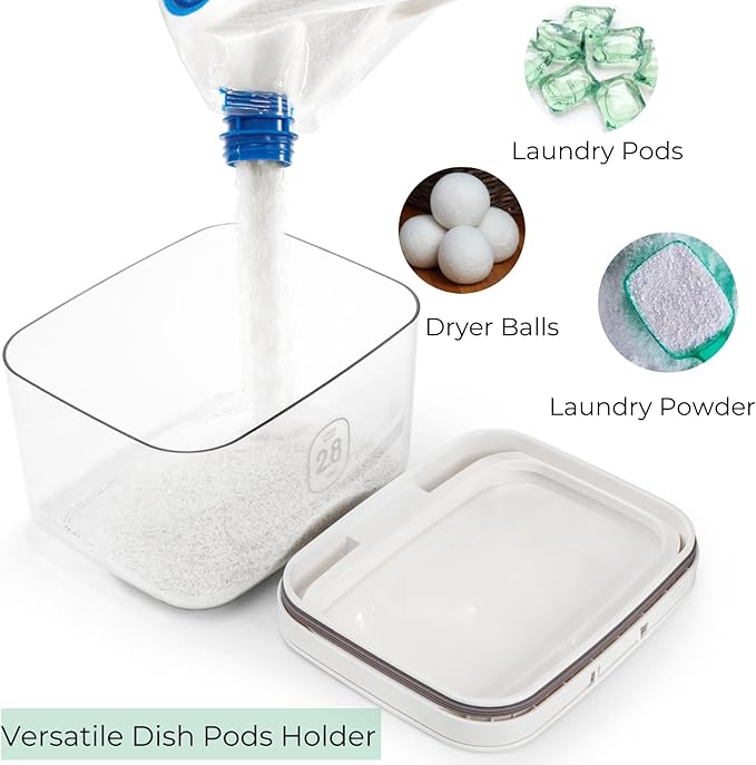 94 OZ/2.8L Laundry Pods Container, One-Press Lid Laundry Powder Holder Dispenser, Clear PET Detergent Sheet Organizer with Measuring Cup for Booster Beads, Dryer Balls, Flour, Pet Food