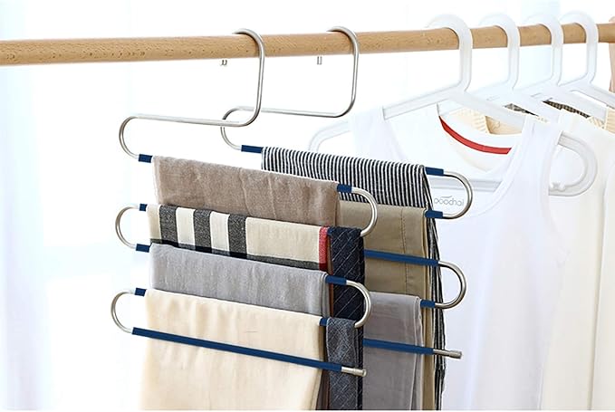 Devesanter Space Saving Non-Slip 6 Pack S-Shape Trousers Hangers - Stainless Steel Closet Storage Organizer for Pants, Jeans & Scarves - Blue