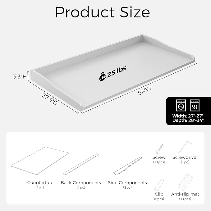 Washer Dryer Countertop, 54" W x 27.5"D Washer Dryer Topper with Non-Slip Mat, Laundry Countertop Organizer for Folding Clothes, White