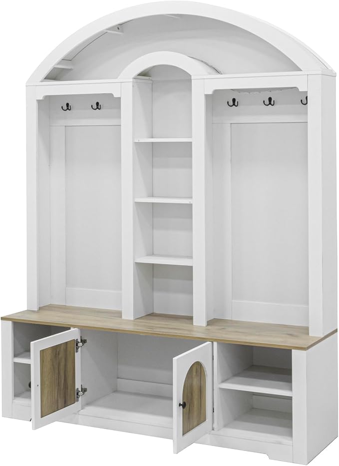 77''H Hall Tree with Curved Design, Multi-functional Coat Rack with Shoe Racks, Clothes Hangers, Hooks, Double-Layer Storage Cabinets and Open Storage Space for Hallway, Living Room (White+Walnut)