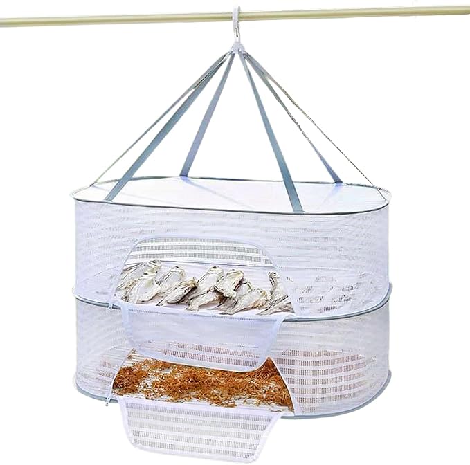 Foldable Drying Rack Basket Dryer Net Hanging Mesh Net with Zippers for Fruits,Seeds,Vegetables,Fish or Clothes,Doll (2 Layer)